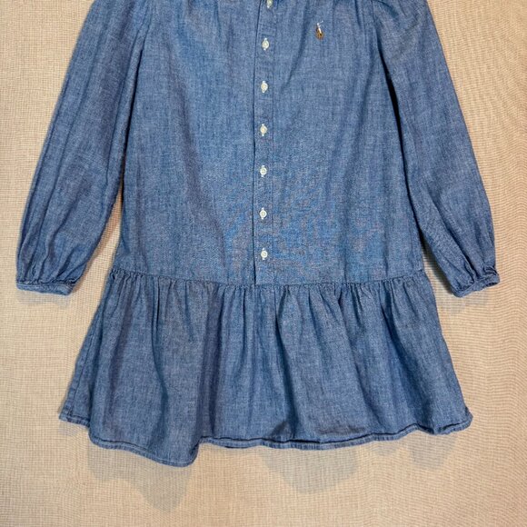 Ralph Lauren Polo Girls Chambray Denim Dress Size 7 Long Sleeve Ruffle Hem - Picture 4 of 9
